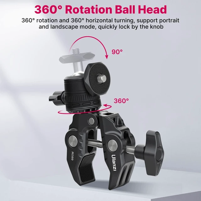 Alt view image 4 of 7 - R099 Super Clamp Camera Mount with 360° Ballhead | Clamps 0.51-2.36in Pole Tube, 3.3lb Load, for Bike Motorcycle Handlebar Insta360 GoPro DJI Phone DSLR Light Monitor