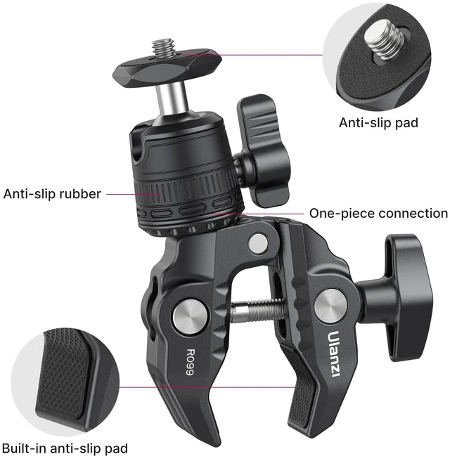 Alt view image 6 of 7 - R099 Super Clamp Camera Mount with 360° Ballhead | Clamps 0.51-2.36in Pole Tube, 3.3lb Load, for Bike Motorcycle Handlebar Insta360 GoPro DJI Phone DSLR Light Monitor
