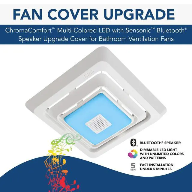 Alt view image 2 of 7 - FG800RGBS Genuine Replacement Cover (Bath Fan Not Included) with ChromaComfort LED Light and Sensonic Bluetooth Speaker, Fits Select Bathroom Fan Models