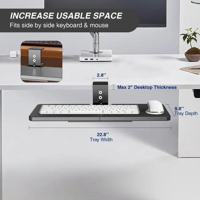 Alt view image 3 of 7 - Large Under Desk Rotatable Computer Keyboard and Mouse Tray, 23 x 10 inch Extra Sturdy Desk Swivel Clamp, Ergonomic Keyboard & Mouse Tray for Typing in Home, Office Work, Black