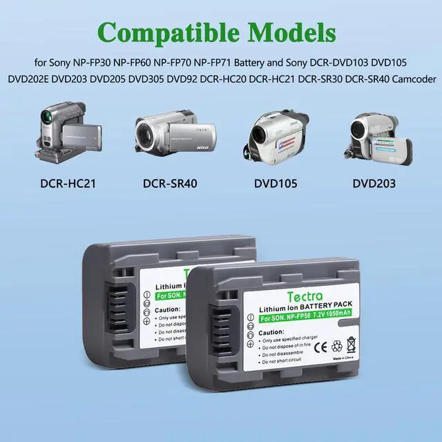 Alt view image 2 of 5 - 2Pcs NP-FP50 NPFP50 Battery + Wall Charger for Sony NP-FP30, NP-FP60, NP-FP70, NP-FP90, NP-FP51 Series DCR-HC21 DCR-HC23 DCR-HC30 DVD103 DVD105 DVD202E DVD203 Handycam Camcorders