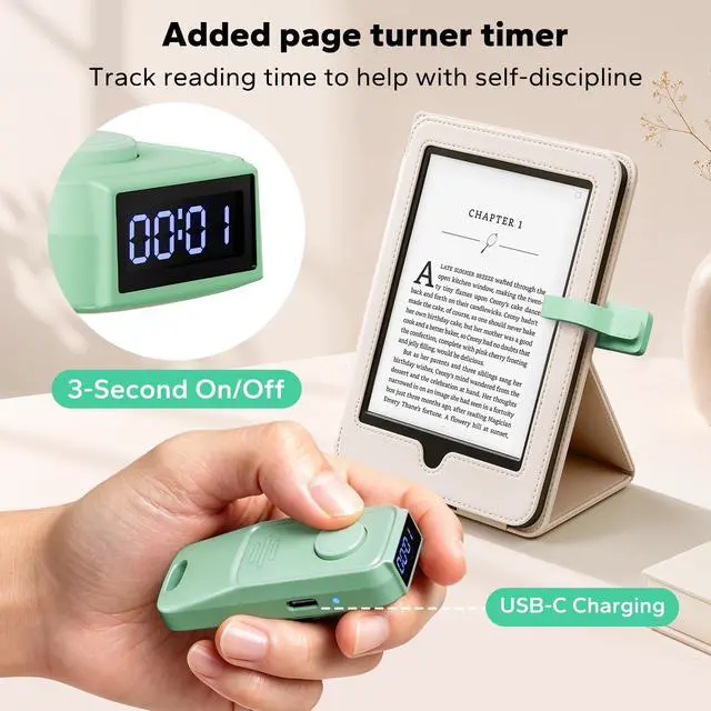 Alt view image 4 of 7 - RF Remote Control Page Turner with Book Light and Reading Time Tracker for Kindle, iPad, and Android. Clicker Page Turner for Kindle with Protective Case-Compatible Design(K3-Green)