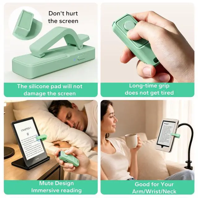 Alt view image 6 of 7 - RF Remote Control Page Turner with Book Light and Reading Time Tracker for Kindle, iPad, and Android. Clicker Page Turner for Kindle with Protective Case-Compatible Design(K3-Green)