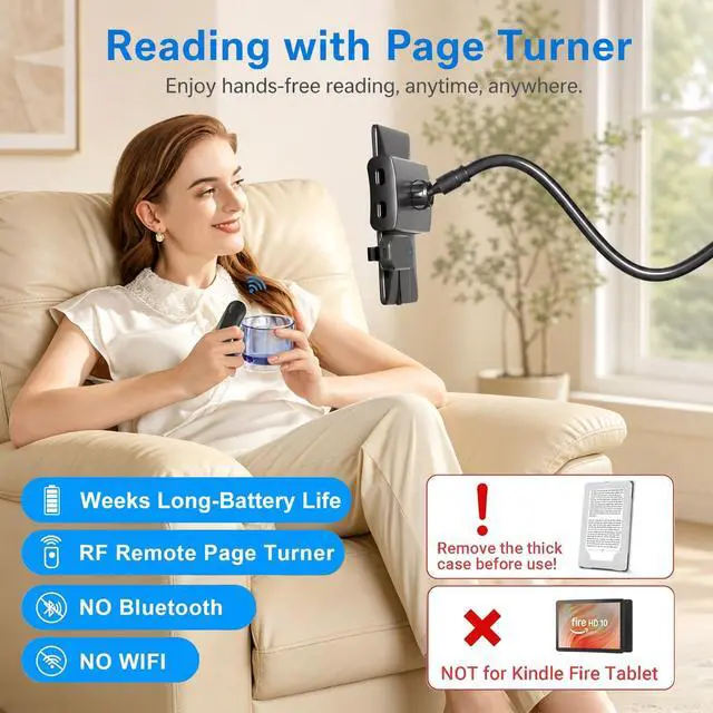 Alt view image 2 of 7 - Gooseneck Tablet Holder for Kindle Reading in Bed with Page Turner Remote, Hands Free Desk Bedside Lazy Arm Stand for Kindle Accessories, Gifts for Readers