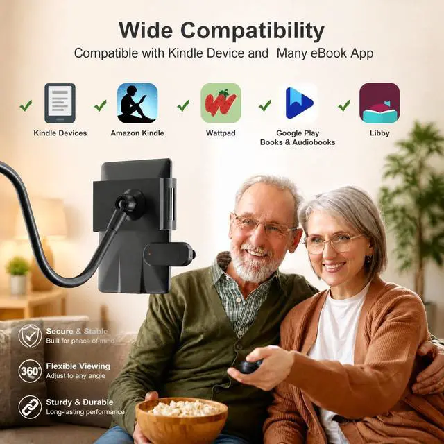 Alt view image 4 of 7 - Gooseneck Tablet Holder for Kindle Reading in Bed with Page Turner Remote, Hands Free Desk Bedside Lazy Arm Stand for Kindle Accessories, Gifts for Readers
