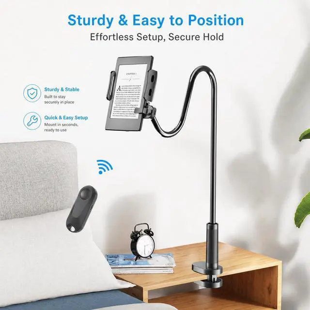 Alt view image 6 of 7 - Gooseneck Tablet Holder for Kindle Reading in Bed with Page Turner Remote, Hands Free Desk Bedside Lazy Arm Stand for Kindle Accessories, Gifts for Readers