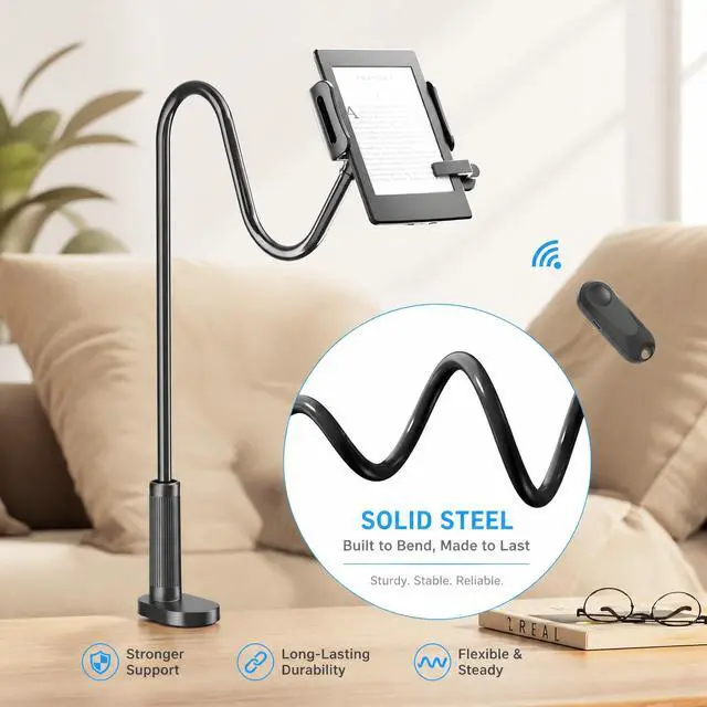 Alt view image 5 of 7 - Gooseneck Tablet Holder for Kindle Reading in Bed with Page Turner Remote, Hands Free Desk Bedside Lazy Arm Stand for Kindle Accessories, Gifts for Readers