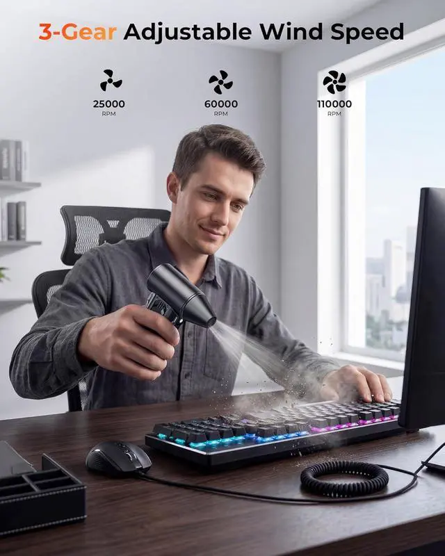 Alt view image 3 of 7 - Compressed Air Duster, 110000 RPM High-Speed Electric Air Duster with Brushless Motor, 3-Speed Settings, Rechargeable Cordless Dust Blower with Fast Charging for PC, Keyboard, Car, Home (Black)