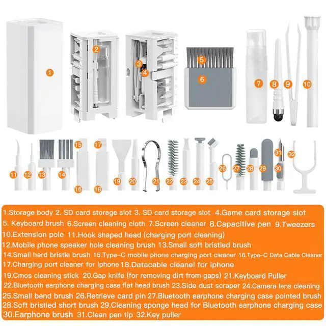 Alt view image 2 of 7 - Multifunctional Cleaning Brush Kit, All-in-One Laptop Cleaning Tool, 32-in-1 Portable Electronics Cleaning Brush Tool Kits for Computer Tablet PC Camera Cellphone Earbuds