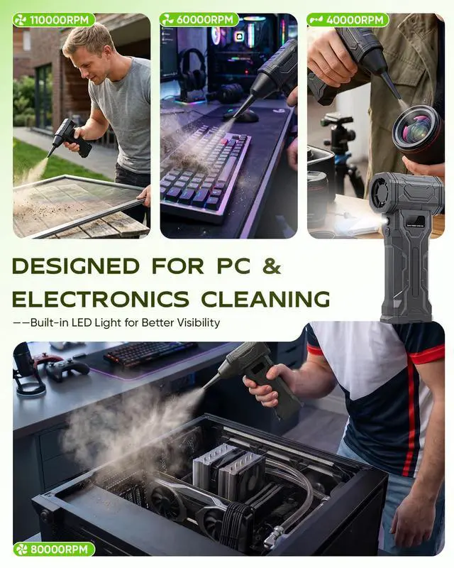 Alt view image 3 of 7 - Compressed Air Duster, 2-in-1 Blow & Vacuum, 110,000 RPM Electric Air Duster with 7 Nozzles, Rechargeable Air Blower with LED Light for PC, Keyboard, Electronics, Car Cleaning, USB-C