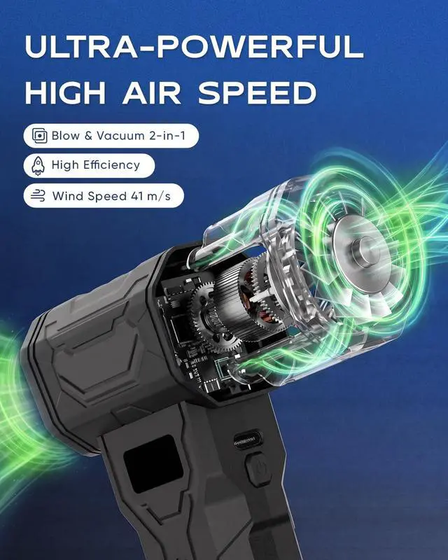 Alt view image 2 of 7 - Compressed Air Duster, 2-in-1 Blow & Vacuum, 110,000 RPM Electric Air Duster with 7 Nozzles, Rechargeable Air Blower with LED Light for PC, Keyboard, Electronics, Car Cleaning, USB-C