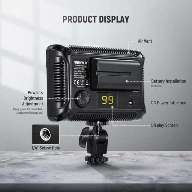 Alt view image 7 of 7 - on Camera Video Light Photo Dimmable 176 LED Panel with 1/4" Thread for , Nikon, Sony and Other DSLR Cameras, 5600K (Battery Not Included)