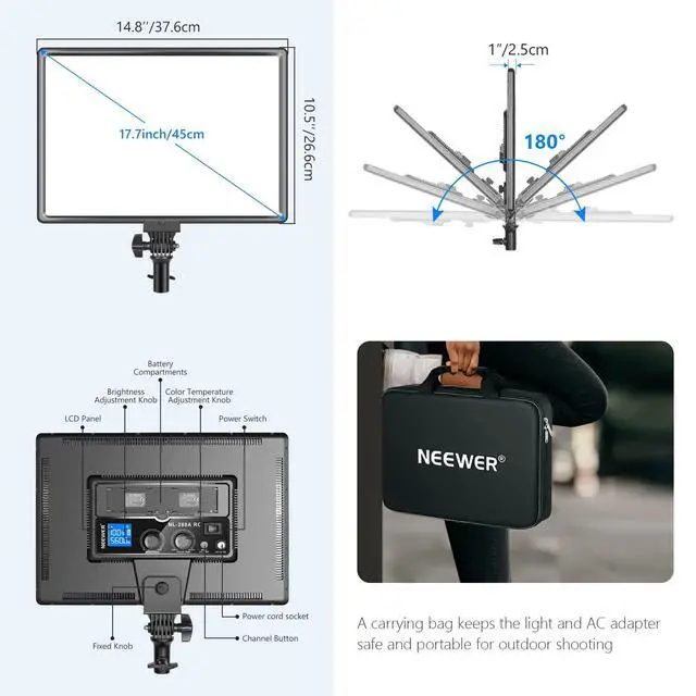 Alt view image 3 of 7 - NL288 LED Video Light with 2.4G Remote, 45W 4800Lux 3200K-5600K CRI 97+ Dimmable Bi-Color 18" Soft Light Panel for Photography YouTube Live Stream Game Zoom Meeting(Battery Not Included)