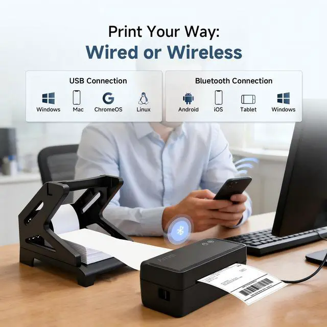 Alt view image 2 of 7 - Bluetooth Thermal Label Printer with Stand, Wireless 4x6 Shipping Label Printer for Small Business, Inkless Printing for USPS Etsy Shopify, Support iPhone Android Windows Mac (Black)
