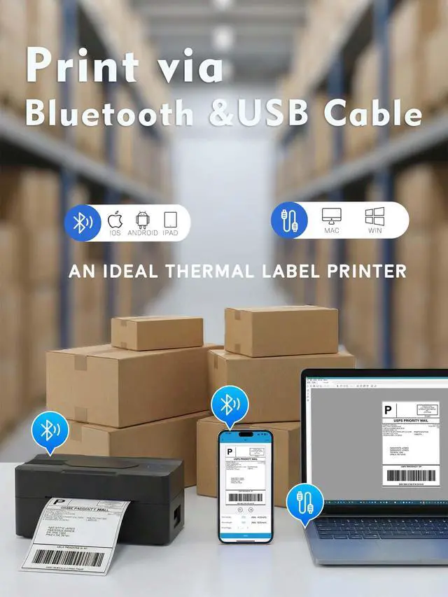 Alt view image 2 of 7 - Bluetooth Thermal Shipping Label Printer, 4x6 Wireless Thermal Label Printer for Small Business, Compatible with Android, iPhone, Windows & Mac