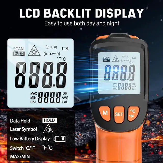 Alt view image 2 of 7 - Infrared Thermometer Gun, Infrared Temperature Gun for Cooking, Laser Thermometer Gun -58~1076 with Adjustable Emissivity & Max/Min, Suitable for Industry, ovens, HVAC (Not for Human)
