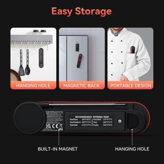 Alt view image 7 of 7 - 0.3s Instant Read Meat Thermometer, IP67 Waterproof (Red)