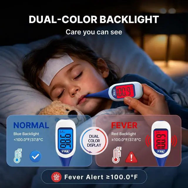Alt view image 2 of 7 - Large LCD Screen Digital Thermometer for Fever, 8 Seconds Fast & Accurate Readings, Large LCD Dual Color Backlight Flexible Tip Ideal for Adults Kids and Babies FSA