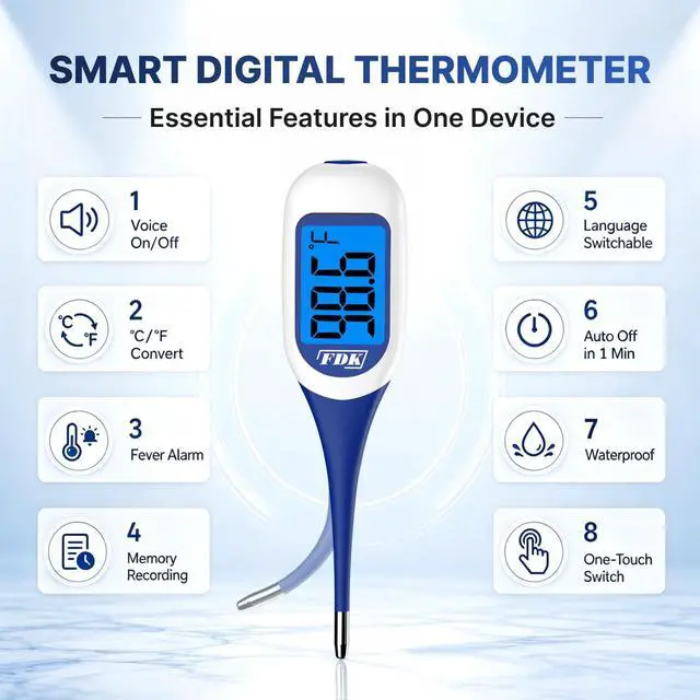 Alt view image 5 of 7 - Large LCD Screen Digital Thermometer for Fever, 8 Seconds Fast & Accurate Readings, Large LCD Dual Color Backlight Flexible Tip Ideal for Adults Kids and Babies FSA