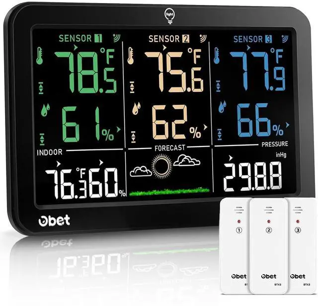 Main image of Weather Station Wireless Indoor Outdoor Thermometer Wireless, Color Display Digital Temperature and Humidity Monitor with 3 Sensors, Alerts, Adjustable Backlight, USB Port (500 Feet)