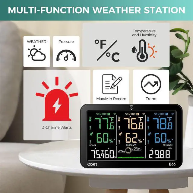 Alt view image 3 of 7 - Weather Station Wireless Indoor Outdoor Thermometer Wireless, Color Display Digital Temperature and Humidity Monitor with 3 Sensors, Alerts, Adjustable Backlight, USB Port (500 Feet)
