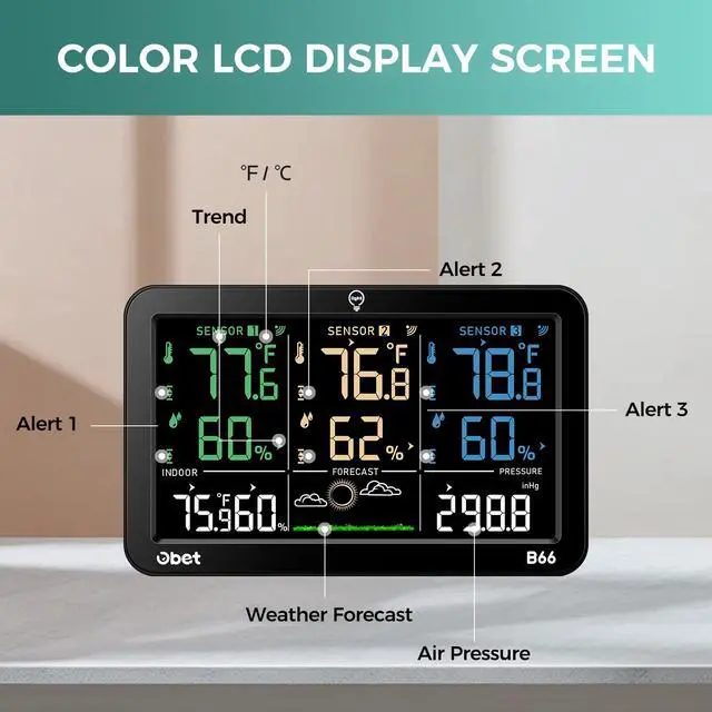 Alt view image 7 of 7 - Weather Station Wireless Indoor Outdoor Thermometer Wireless, Color Display Digital Temperature and Humidity Monitor with 3 Sensors, Alerts, Adjustable Backlight, USB Port (500 Feet)
