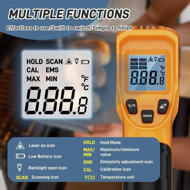 Alt view image 3 of 7 - Infrared Thermometer Laser Temperature Gun -58 to 1112,with Cal Calibration and Adjustable Emissivity,Min& Max Measure,for Cooking,Oven,Meat Food,HVAC,ApplianceYellow