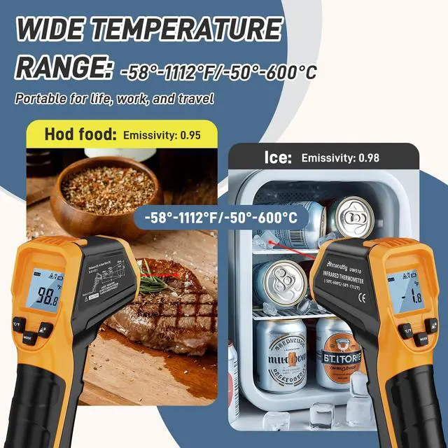 Alt view image 5 of 7 - Infrared Thermometer Laser Temperature Gun -58 to 1112,with Cal Calibration and Adjustable Emissivity,Min& Max Measure,for Cooking,Oven,Meat Food,HVAC,ApplianceYellow