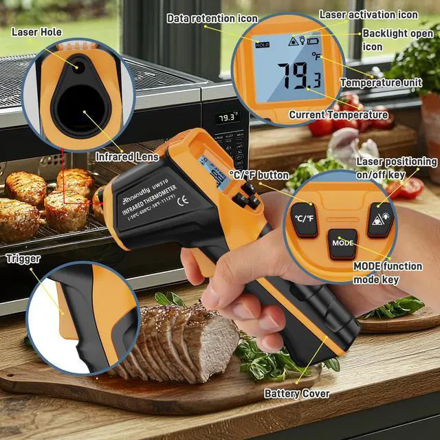Alt view image 6 of 7 - Infrared Thermometer Laser Temperature Gun -58 to 1112,with Cal Calibration and Adjustable Emissivity,Min& Max Measure,for Cooking,Oven,Meat Food,HVAC,ApplianceYellow