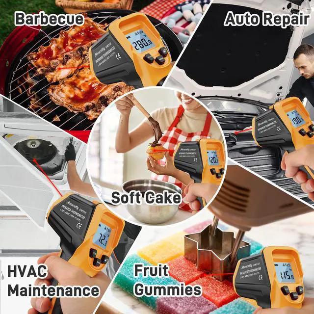 Alt view image 7 of 7 - Infrared Thermometer Laser Temperature Gun -58 to 1112,with Cal Calibration and Adjustable Emissivity,Min& Max Measure,for Cooking,Oven,Meat Food,HVAC,ApplianceYellow