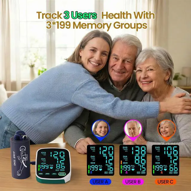 Alt view image 3 of 7 - Accurate Upper Arm Blood Pressure Monitor, Dual Cuffs, 3 Users X199 Memory