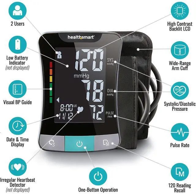 Alt view image 2 of 7 - Digital Premium Blood Pressure Monitor with Automatic Upper Arm Cuff that Displays Blood Pressure, Pulse Rate and Irregular Heartbeat, Stores up to 120 Readings for 2 Users