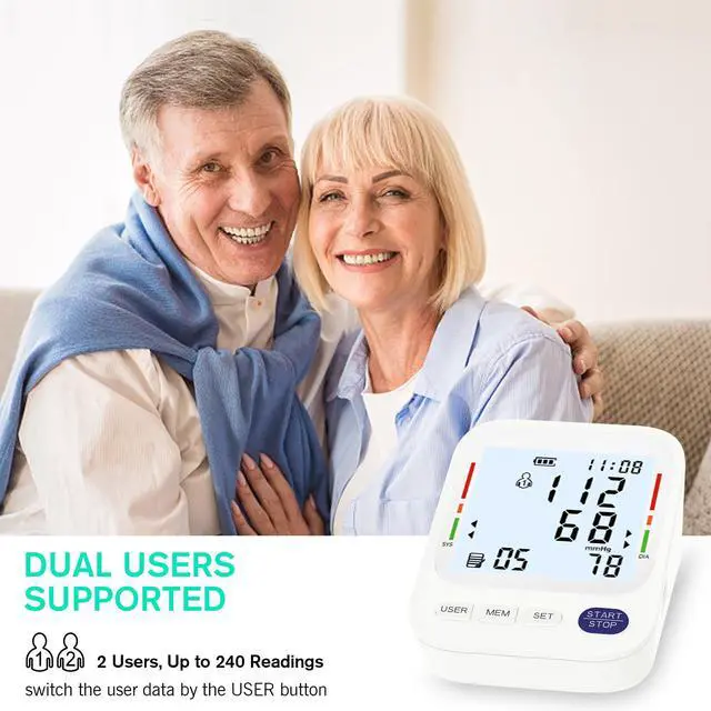 Alt view image 4 of 7 - Upper Arm Blood Pressure Monitor Large LCD Display BP Machine, 2-User 240 Memory, Irregular Heartbeat Detection, Wide Cuff 8.7"-20.5", Type-C Power