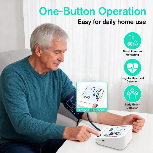 Alt view image 3 of 7 - Upper Arm Blood Pressure Monitor Large LCD Display BP Machine, 2-User 240 Memory, Irregular Heartbeat Detection, Wide Cuff 8.7"-20.5", Type-C Power