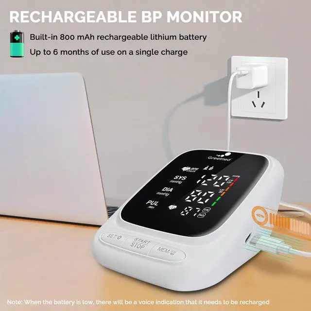 Alt view image 3 of 6 - Blood Pressure Monitor Upper Arm Automatic Talking Blood Pressure Cuff, Rechargeable Blood Pressure Machine for Home Use Digital Led Display, Adjustable 8.7"-16.5" Large BP Cuff Dual User Model