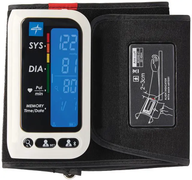 Main image of Bluetooth Blood Pressure Monitor, Attached Universal Upper Arm Cuff, Digital LCD Display, Medline Health App Integration, Store Up to 120 Readings, Charger Cable and Carrying Case Included