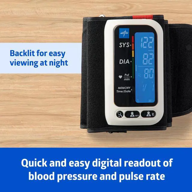 Alt view image 2 of 6 - Bluetooth Blood Pressure Monitor, Attached Universal Upper Arm Cuff, Digital LCD Display, Medline Health App Integration, Store Up to 120 Readings, Charger Cable and Carrying Case Included