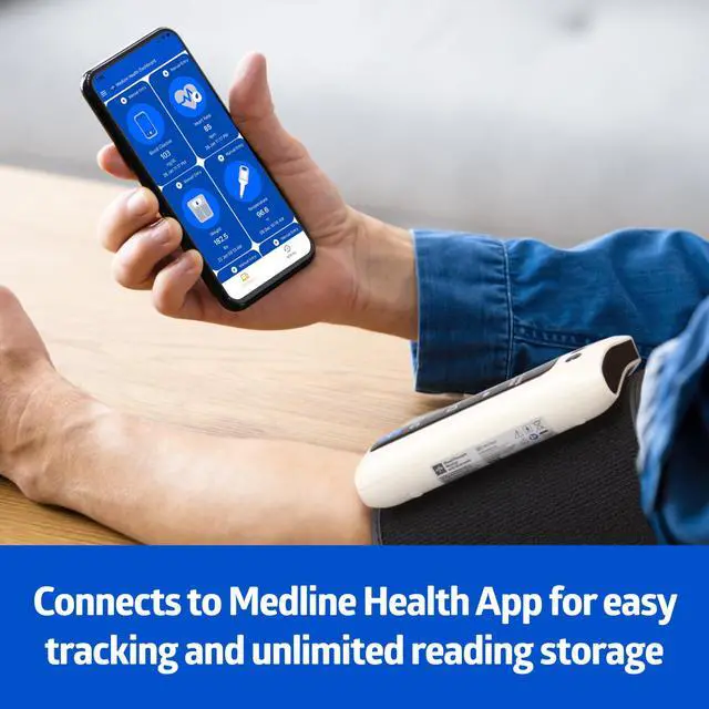 Alt view image 3 of 6 - Bluetooth Blood Pressure Monitor, Attached Universal Upper Arm Cuff, Digital LCD Display, Medline Health App Integration, Store Up to 120 Readings, Charger Cable and Carrying Case Included