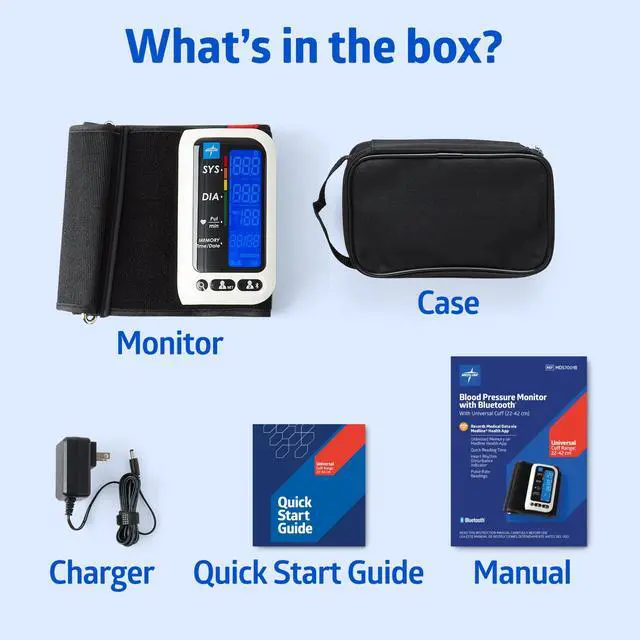 Alt view image 6 of 6 - Bluetooth Blood Pressure Monitor, Attached Universal Upper Arm Cuff, Digital LCD Display, Medline Health App Integration, Store Up to 120 Readings, Charger Cable and Carrying Case Included