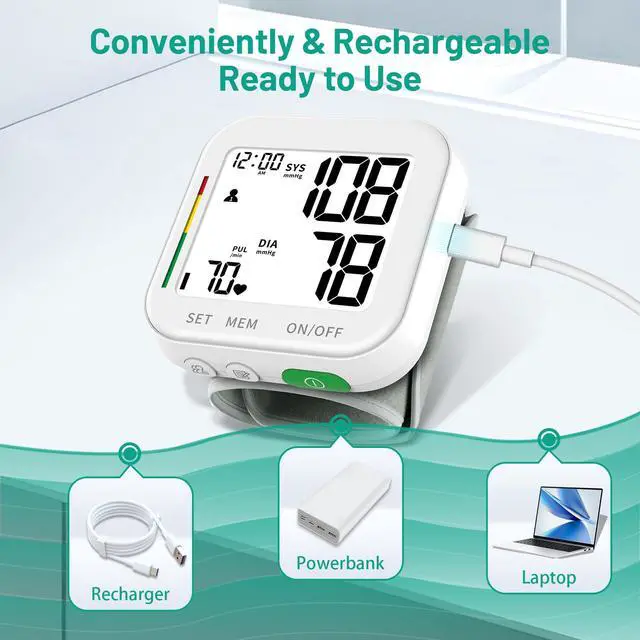 Alt view image 7 of 7 - Blood Pressure Monitor Rechargeable Monitors for Home Use Large LCD Display Adjustable Wrist Cuff 4.92-8.46 Inch Machine 240 Sets Memories with Carrying Case