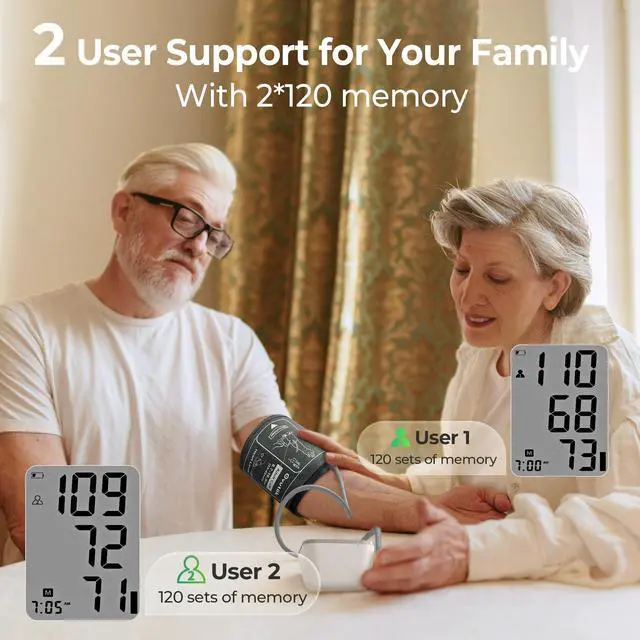 Alt view image 4 of 7 - Blood Pressure Monitors for Home Use: Large BP Cuff with 240 Memories for 2 Users, Upper Arm Blood Pressure Machine, Accurate BP Monitor with Batteries Type-C Cable