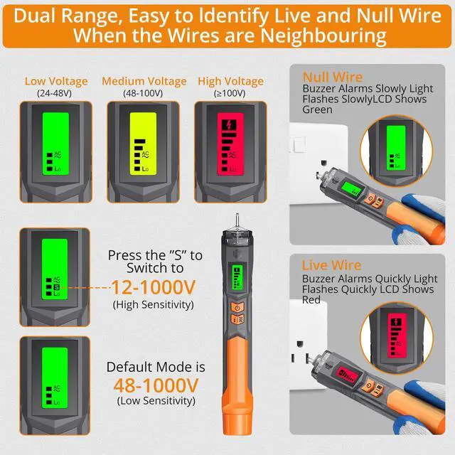 Alt view image 3 of 7 - 12V-1000V/48V-1000V Voltage Detector Pen and Receptacle Tester