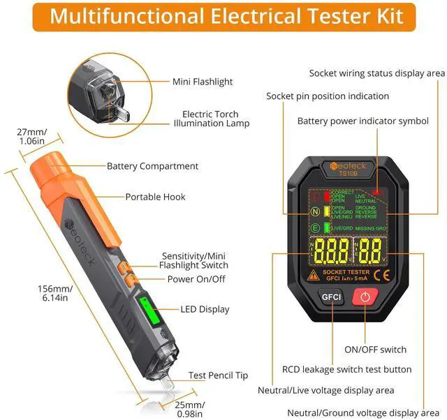 Alt view image 6 of 7 - 12V-1000V/48V-1000V Voltage Detector Pen and Receptacle Tester