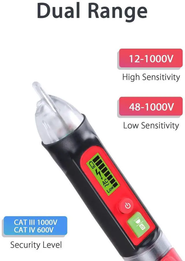 Alt view image 2 of 7 - Non-Contact Voltage Detector Pen, Dual Sensitive Range Electrical Tester Pen 12V-1000V/48V-1000V with Buzzer & Flashlight for Testing Electric Cable, Live Wire, Circuit Finder