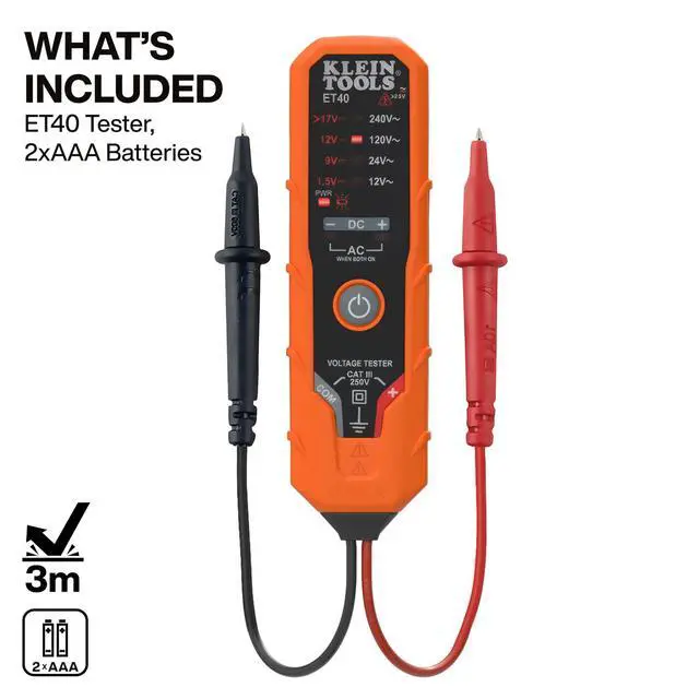 Alt view image 2 of 6 - ET40 Digital AC/DC Voltage Tester, 12-240V AC, 1.5-24V DC, LED Illumination, DC Polarity, Auto Off, CAT III 250V-Class 2- Double Insulation, IP41 Dust and Water Resistant