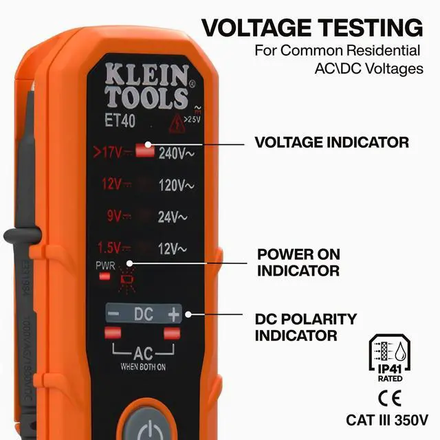 Alt view image 3 of 6 - ET40 Digital AC/DC Voltage Tester, 12-240V AC, 1.5-24V DC, LED Illumination, DC Polarity, Auto Off, CAT III 250V-Class 2- Double Insulation, IP41 Dust and Water Resistant