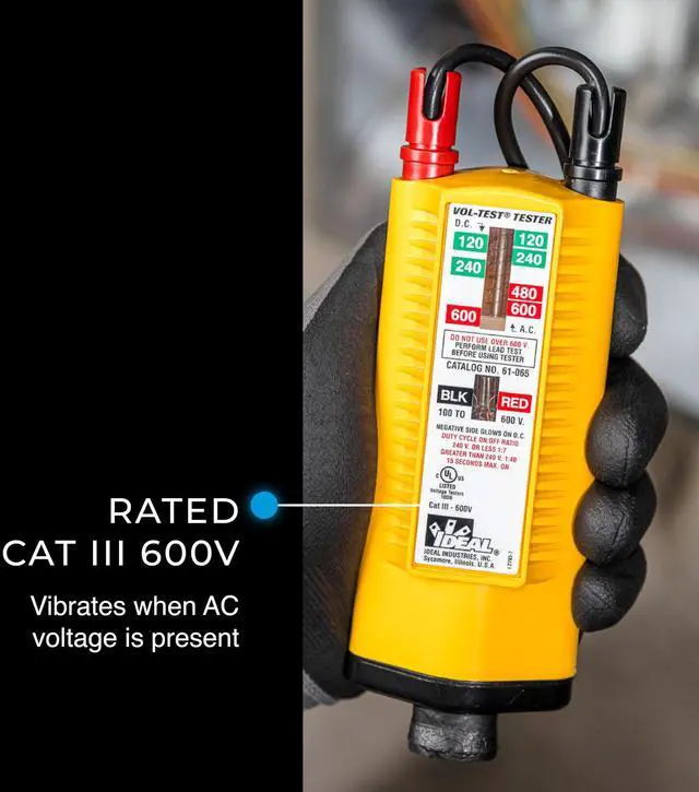 Alt view image 2 of 7 - Ideal Electrical Vol-Con Solenoid Voltage Tester, CAT III 600V, AC/DC Detection, Vibrating Alert, Low Impedance, LED & Neon Indicators, Replaceable Shielded Leads, Rugged & Reliable Electrician Tools