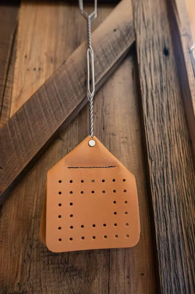 Alt view image 4 of 6 - Leather Fly Swatter Set (1 Pack) 17 Amish-Made Fly Swat w/Real Leather Paddle Fly Swatters Multi Pack w/Metal Handle Bug Swatter, Mosquito Swatter, Wasp Swatter (Brown)