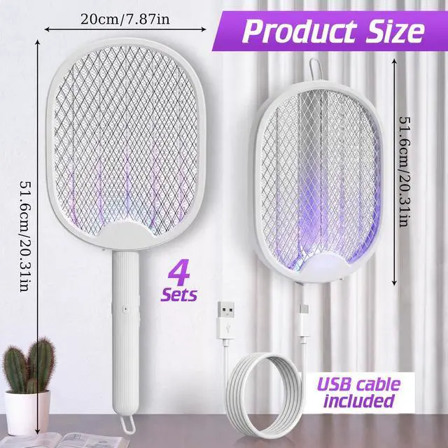 Alt view image 2 of 7 - 4 Pcs Foldable Electric Fly Swatter 2 in 1 Mosquito Swatter 1200mah Battery Rechargeable Bug Zapper Racket USB Handheld with 3 Layer Safety Mesh for Camping Backyard Patio Travel Home Office