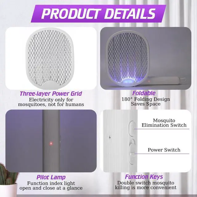 Alt view image 3 of 7 - 4 Pcs Foldable Electric Fly Swatter 2 in 1 Mosquito Swatter 1200mah Battery Rechargeable Bug Zapper Racket USB Handheld with 3 Layer Safety Mesh for Camping Backyard Patio Travel Home Office